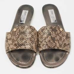 Pre Owned Jimmy Choo Grey Snakeskin Leather Nanda Flat Slide Sandals Size 37