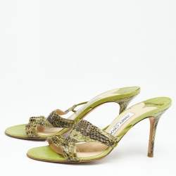 Jimmy Choo Green Snakeskin Leather Slide Sandals Size 38.5