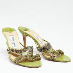 Jimmy Choo Green Snakeskin Leather Slide Sandals Size 38.5