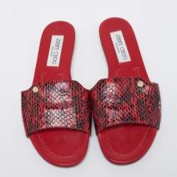 Jimmy Choo Red/Black Python Leather Nanda Flat Slides Size 36