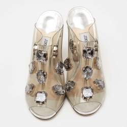 مملوكة مسبقًا Jimmy Choo Silver Leather and PVC Crystal Embellished Mule Sandals Size 38