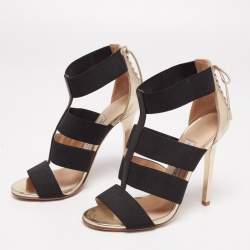 Jimmy Choo Gold/Black Leather And Elastic Cage Sandals Size 36 