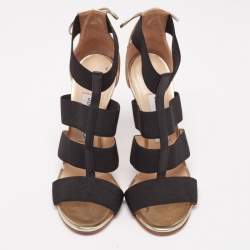 Pre Owned Jimmy Choo Gold/Black Leather And Elastic Cage Sandals Size 36 