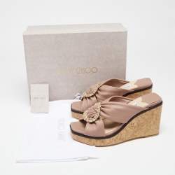 Pre Owned Jimmy Choo Pale Pink Leather Nevara Cork Platform Wedge Sandals Size 38.5
