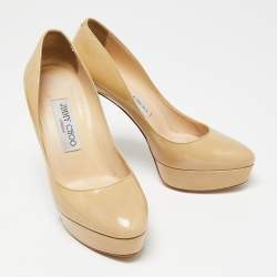 Pre Owned Jimmy Choo Beige Patent Leather Platform Round Toe Pumps Size 36