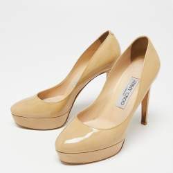 Pre Owned Jimmy Choo Beige Patent Leather Platform Round Toe Pumps Size 36