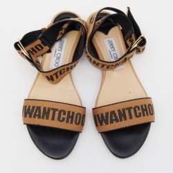 Pre Owned Jimmy Choo Brown/Black Fabric and Leather Breanne Flat Sandals Size 36