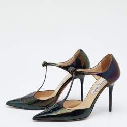 Pre Owned Jimmy Choo Black Patent Leather Bow Talan T-strap Pointed Toe Pumps Size 37