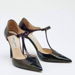 Pre Owned Jimmy Choo Black Patent Leather Bow Talan T-strap Pointed Toe Pumps Size 37