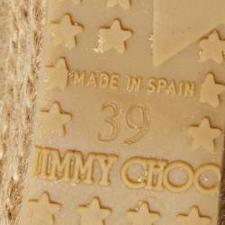 مملوكة مسبقًا صندل جيمي تشو جوت وجلد لامع بني/أبيض بحزام للكاحل كعب روكي مقاس 39