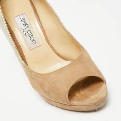 Jimmy Choo Beige/Gold Suede and Leather Peep-Toe Platform Pumps Size 37.5