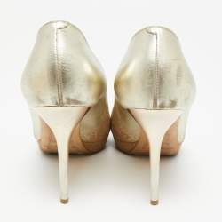 Jimmy Choo Beige/Gold Suede and Leather Peep-Toe Platform Pumps Size 37.5