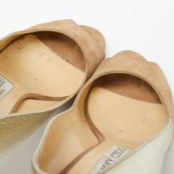 Jimmy Choo Beige/Gold Suede and Leather Peep-Toe Platform Pumps Size 37.5