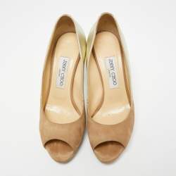 Jimmy Choo Beige/Gold Suede and Leather Peep-Toe Platform Pumps Size 37.5
