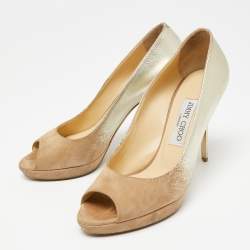 Jimmy Choo Beige/Gold Suede and Leather Peep-Toe Platform Pumps Size 37.5