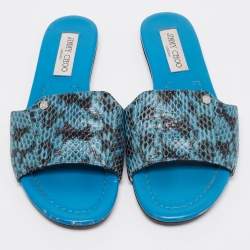 مملوكة مسبقًا Jimmy Choo Blue/Black Snakeskin Leather Nanda Flat Slide Sandals Size 38