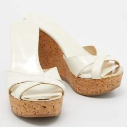 Pre Owned Jimmy Choo Cream Patent Leather Prima Cork Wedge Platform Sandals Size 36