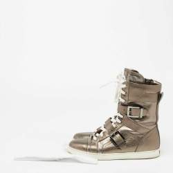 Pre Owned Jimmy Choo Metallic Grey Leather Ankle Length Boots Size 37