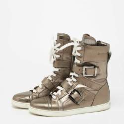 Pre Owned Jimmy Choo Metallic Grey Leather Ankle Length Boots Size 37