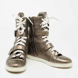 Pre Owned Jimmy Choo Metallic Grey Leather Ankle Length Boots Size 37