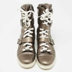 Pre Owned Jimmy Choo Metallic Grey Leather Ankle Length Boots Size 37