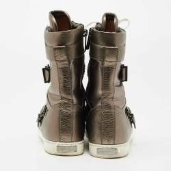 Pre Owned Jimmy Choo Metallic Grey Leather Ankle Length Boots Size 37