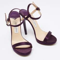 مملوكة مسبقًا Jimmy Choo Purple Satin Minny Ankle Strap Sandals Size 38.5