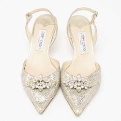 Pre Owned Jimmy Choo Sliver Glitter And Leather Pointed Toe Slingback Sandals Size 40
