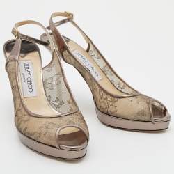 Jimmy Choo Metallic Brown Lace Dahlia Peep Toe Pumps Size 37