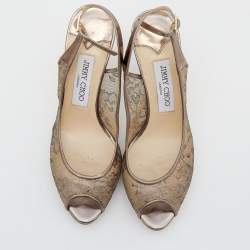 Jimmy Choo Metallic Brown Lace Dahlia Peep Toe Pumps Size 37