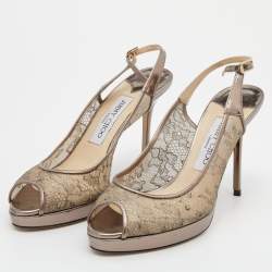 Jimmy Choo Metallic Brown Lace Dahlia Peep Toe Pumps Size 37