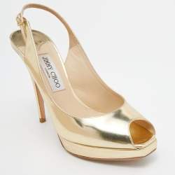 Pre Owned صندل جيمي تشو كلو جلد ميتالك ذهبي نعل سميك فتحة كعب مقاس 39.5
