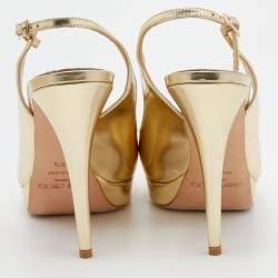 Pre Owned صندل جيمي تشو كلو جلد ميتالك ذهبي نعل سميك فتحة كعب مقاس 39.5