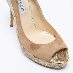 Pre Owned حذاء كعب عالي جيمي تشو تامي جلد نقش ثعبان وسويدي ذهبي / بيج سير كاحل مقاس 40