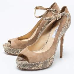 Pre Owned حذاء كعب عالي جيمي تشو تامي جلد نقش ثعبان وسويدي ذهبي / بيج سير كاحل مقاس 40