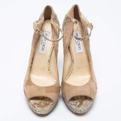 Pre Owned حذاء كعب عالي جيمي تشو تامي جلد نقش ثعبان وسويدي ذهبي / بيج سير كاحل مقاس 40