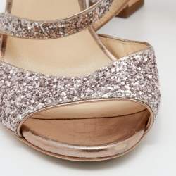 Pre Owned Jimmy Choo Metallic Rose Gold Coarse Glitter Carrie Cross Strap Ankle Sandals Size 40