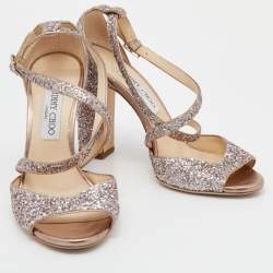 Pre Owned Jimmy Choo Metallic Rose Gold Coarse Glitter Carrie Cross Strap Ankle Sandals Size 40