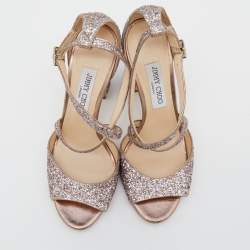 Pre Owned Jimmy Choo Metallic Rose Gold Coarse Glitter Carrie Cross Strap Ankle Sandals Size 40