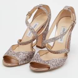 Pre Owned Jimmy Choo Metallic Rose Gold Coarse Glitter Carrie Cross Strap Ankle Sandals Size 40