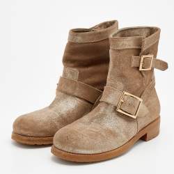 Pre Owned Jimmy Choo Gold/Beige Shimmering Suede Youth Ankle Boots Size 37