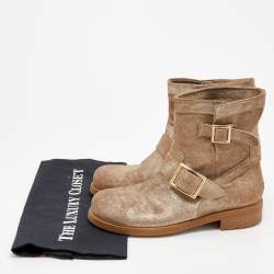 Pre Owned Jimmy Choo Gold/Beige Shimmering Suede Youth Ankle Boots Size 37