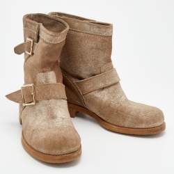 Pre Owned Jimmy Choo Gold/Beige Shimmering Suede Youth Ankle Boots Size 37