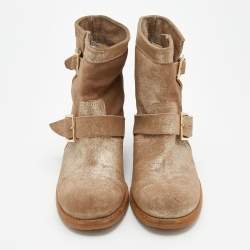 Pre Owned Jimmy Choo Gold/Beige Shimmering Suede Youth Ankle Boots Size 37