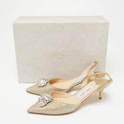 Pre Owned Jimmy Choo Metallic Gold Glitter Fabric Crystal Embellished Pointed Toe Slingback Sandals Size 38