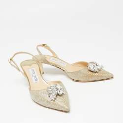 Pre Owned Jimmy Choo Metallic Gold Glitter Fabric Crystal Embellished Pointed Toe Slingback Sandals Size 38