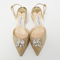 Pre Owned Jimmy Choo Metallic Gold Glitter Fabric Crystal Embellished Pointed Toe Slingback Sandals Size 38
