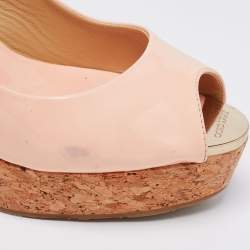 Pre Owned Jimmy Choo Light Pink Patent Leather Peep-Toe Prova Cork Wedge Slingback Sandals Size 38.5