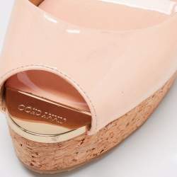 Pre Owned Jimmy Choo Light Pink Patent Leather Peep-Toe Prova Cork Wedge Slingback Sandals Size 38.5