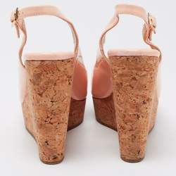 Pre Owned Jimmy Choo Light Pink Patent Leather Peep-Toe Prova Cork Wedge Slingback Sandals Size 38.5